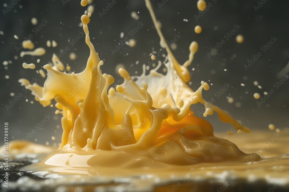 Poster a dynamic splash of yellow liquid, capturing motion and texture in a close-up shot.