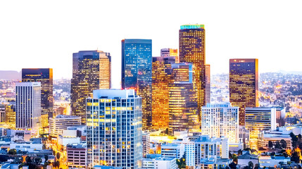 Obraz premium Vibrant City Skyline at Dusk with Illuminated Buildings, transparent bg