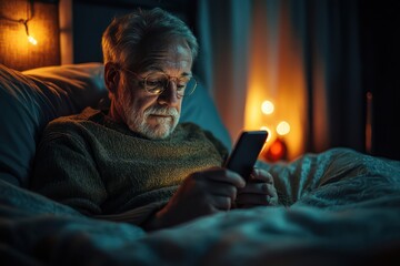Senior Man Using a Smartphone in Bed, Engaging with Technology and Staying Connected in Later Life