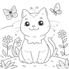 Obraz premium Kitten Surrounded by Butterflies and Flowers in a Whimsical Coloring Book page
