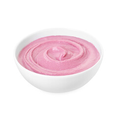 Tasty beetroot hummus in bowl isolated on white