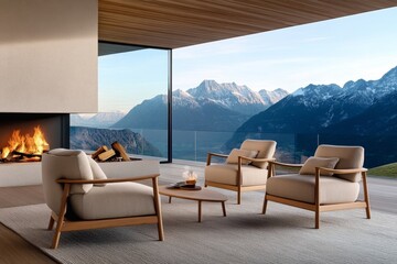 Fototapeta premium A Scandinavian-style living room, featuring light wood furniture, neutral tones, and a minimalist fireplace for a cozy, simple look