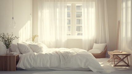 Cozy bedroom with natural light filtering through sheer curtains in a serene setting