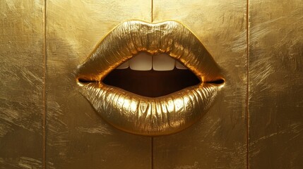 Golden lips isolated. Open mouth on a clean gold panel