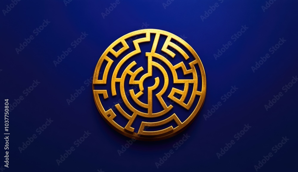 Poster a golden maze design on a blue background, symbolizing complexity and challenge.