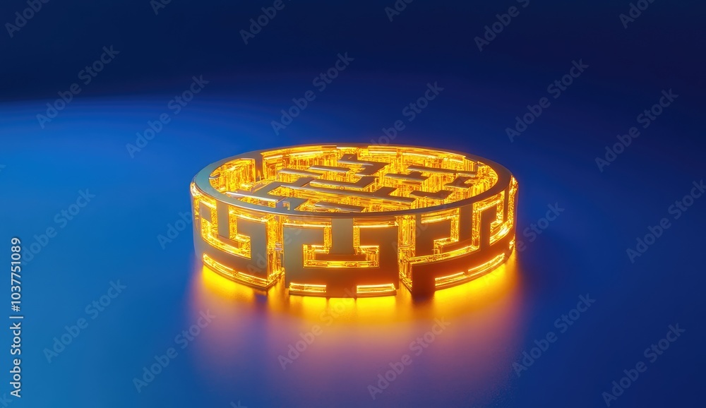 Poster a glowing circular design with a maze pattern, illuminated in orange against a blue background.