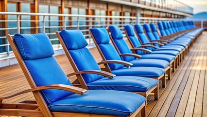Fototapeta premium Macro lounge chairs with blue cushions stacked on cruise ship wooden deck