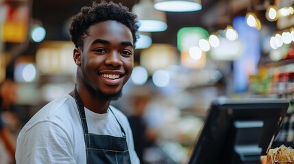 African American teenage cashier smiling at checkout promoting inclusivity and youth employment