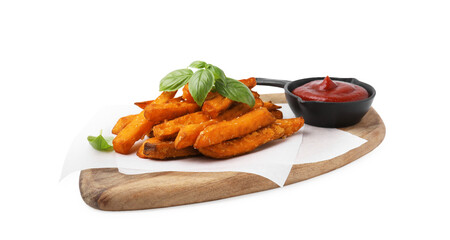 Sweet potato fries, basil and ketchup isolated on white