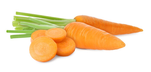 Fresh ripe carrots on white background. Whole and sliced