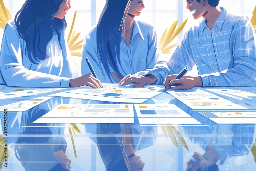 Poster collaborative team meeting with business documents on reflection table