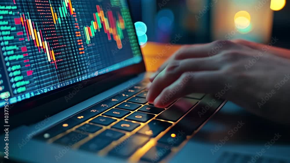 Poster A person is typing on a laptop with a screen displaying a graph
