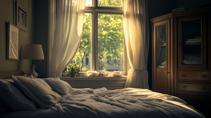 Cozy morning light fills a peaceful bedroom with plants and soft linens
