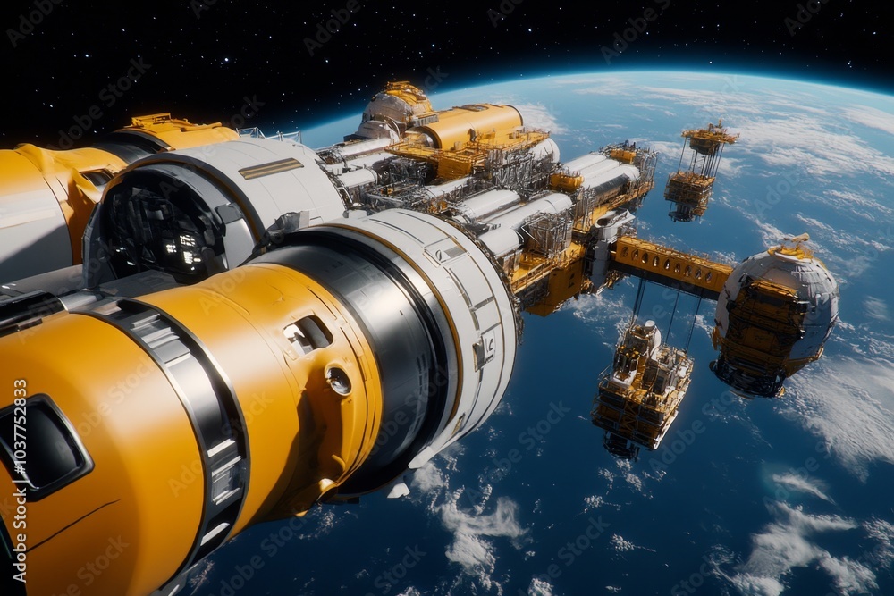 Poster A futuristic space station being constructed by engineers, with massive robotic cranes and floating construction platforms in orbit around a planet