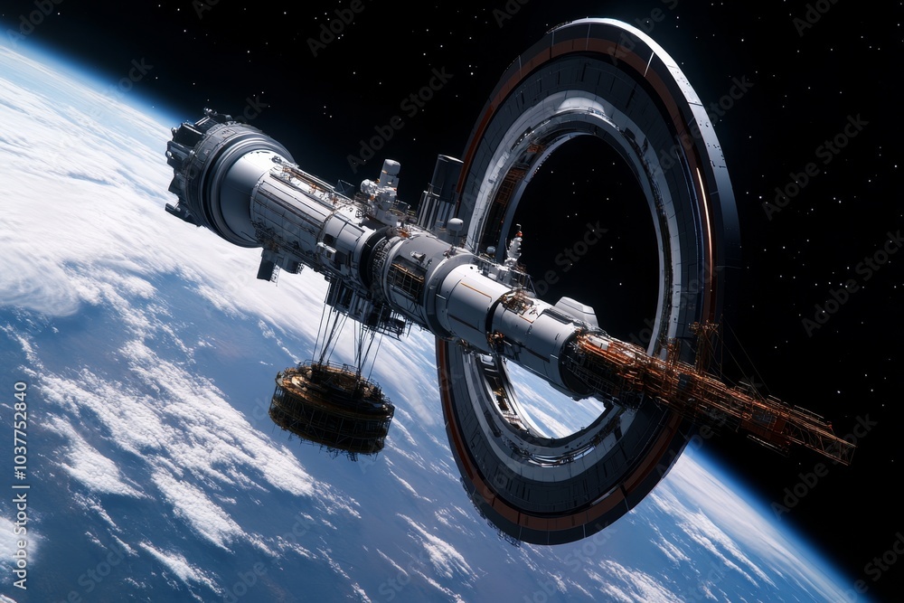 Poster A futuristic space station being constructed by engineers, with massive robotic cranes and floating construction platforms in orbit around a planet