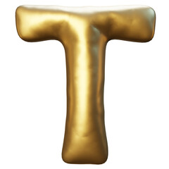 letter T made of golden inflatable helium balloon. Gold foil balloon font part of full set of numbers, isolated on transparant background. Birthday party celebration. 3d rendering