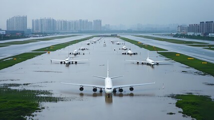 Flooded airport runway with grounded planes surrounded by water
