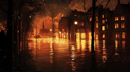 Obraz premium Nighttime scene of a flooded city with streetlights reflecting in the water