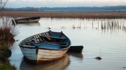 Abandoned boats floating in floodwaters in a rural area with farmland submerged