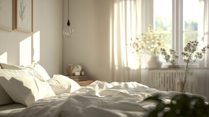 Bright and airy bedroom with natural light, soft bedding, and decorative plants in a serene setting