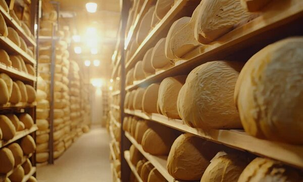 A dimly lit storage area filled with shelves of freshly baked bread loaves.
