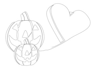 One continuous line of Halloween Jack O' Lantern Pumpkin with Heart. Thin Line Illustration vector concept. Contour Drawing Creative ideas.
