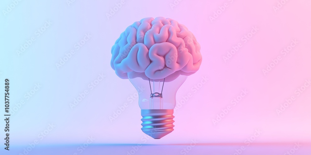 Poster a 3d icon of a light bulb with a brain, representing creative thinking and ideas, isolated on a soft