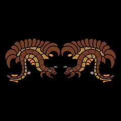 Symmetrical ethnic design with two fantastic dragons. Feathered serpents. Native American motif of Mayan Indians. On black background.