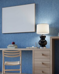 poster mockup in interior background of home office with modern wooden chair