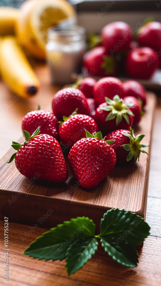 Sticker collection ripe strawberries on a wooden board