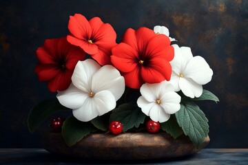 Fototapeta premium A retro-style poster featuring Redcurrant, Impatiens, and White Campion flowers, with muted colors and bold typography evoking vintage garden catalogs