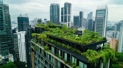 Fototapeta premium A rooftop garden in a high-rise building, Urban sustainability scene, Green style