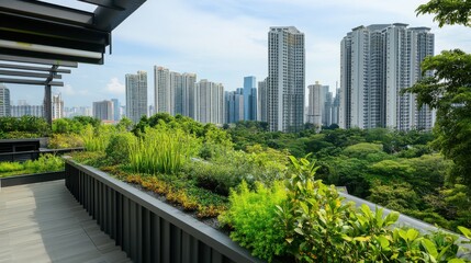 Fototapeta premium A rooftop garden in a high-rise building, Urban sustainability scene, Green style