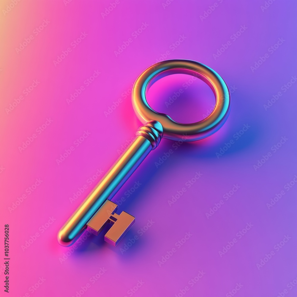 Poster a detailed 3d rendering of a key, representing security and access, isolated on a vibrant backdrop