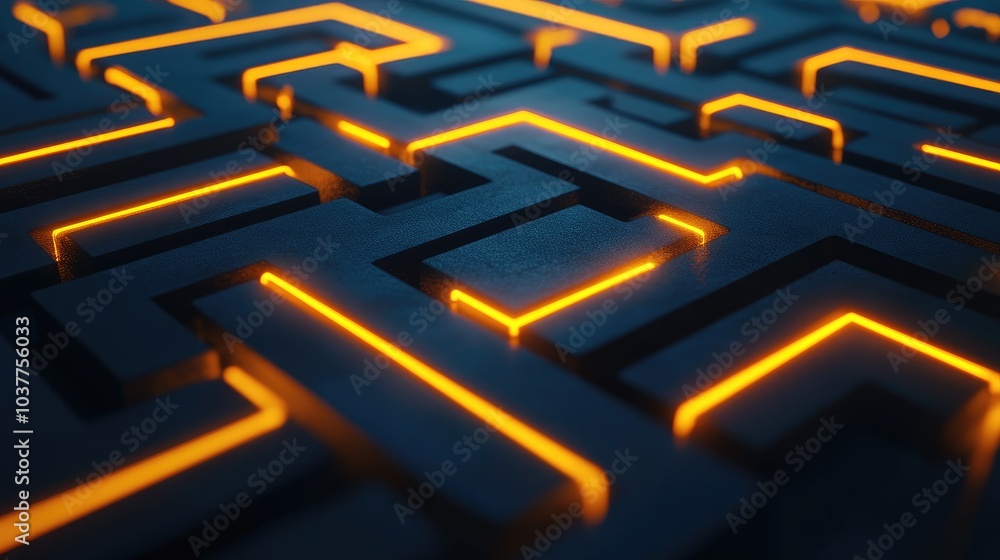Poster a close-up view of a maze with glowing orange lines on a dark surface.