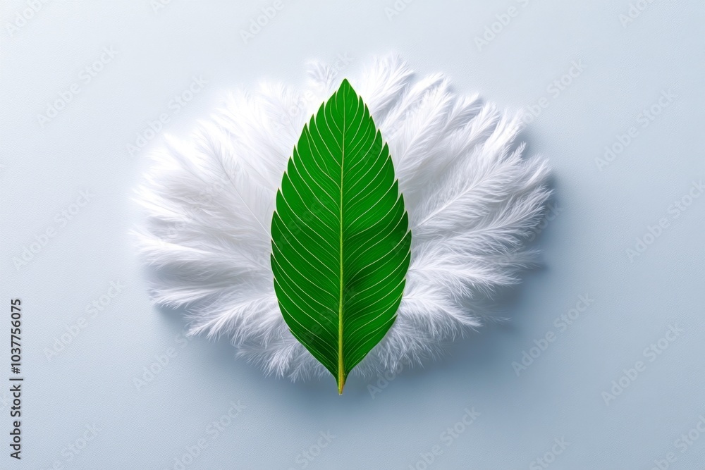 Poster a single acacia leaf floating on a plain white background, its feathery, intricate texture creating 