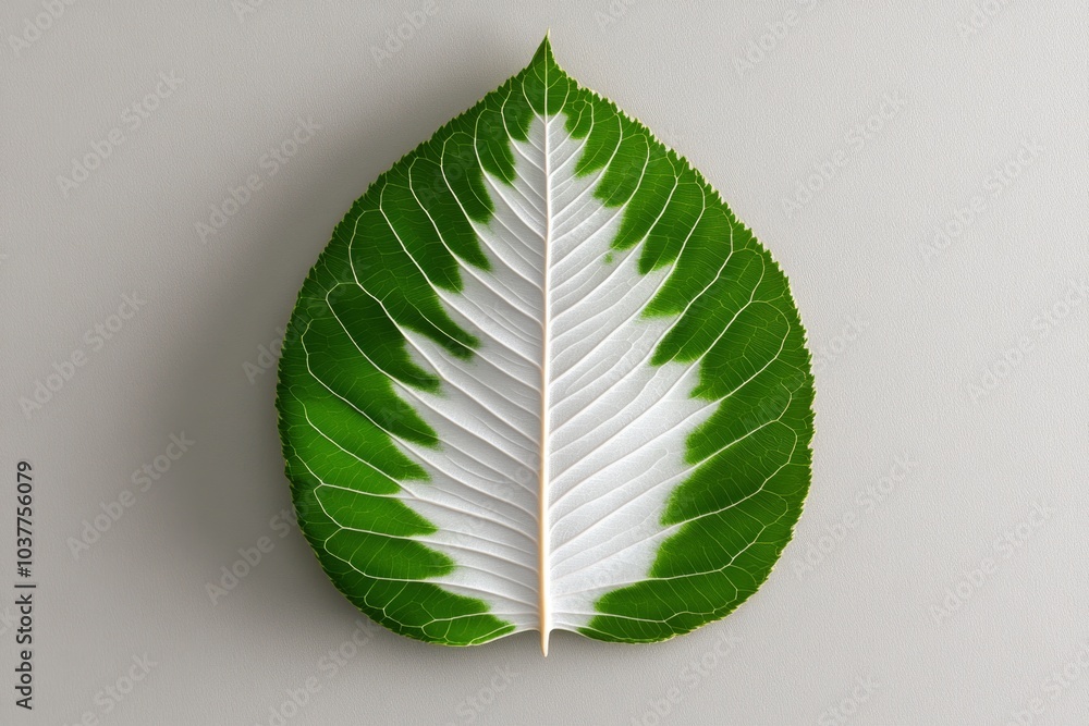 Poster a single acacia leaf floating on a plain white background, its feathery, intricate texture creating 