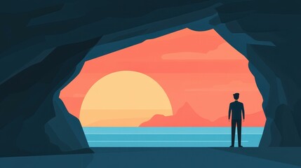 A traveler admires a breathtaking sunset from a cave, blending the beauty of nature with artistic expression.