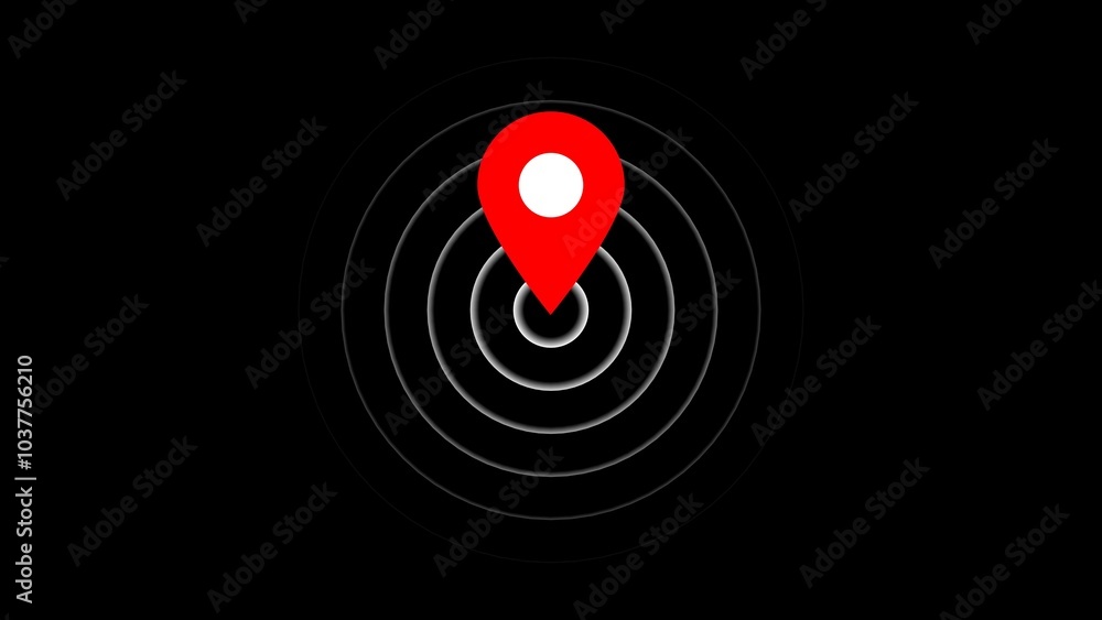 Poster gps location pointer with radio waves andtechnology radio wave signal. black background 4k animation