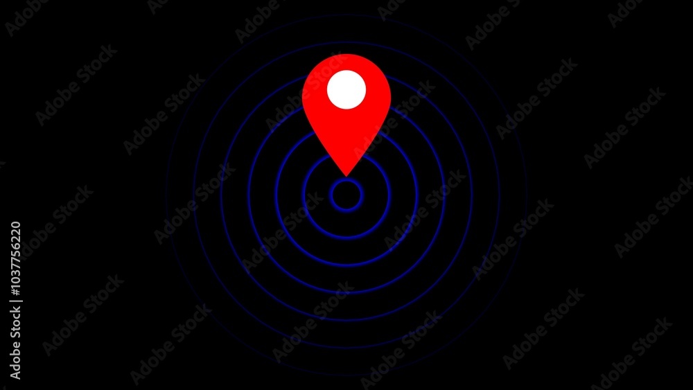 Poster gps location pointer with radio waves andtechnology radio wave signal. black background 4k animation