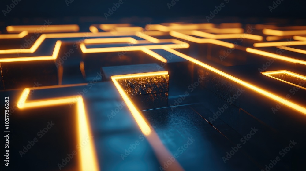 Poster a futuristic maze with glowing edges, creating a sense of depth and complexity.