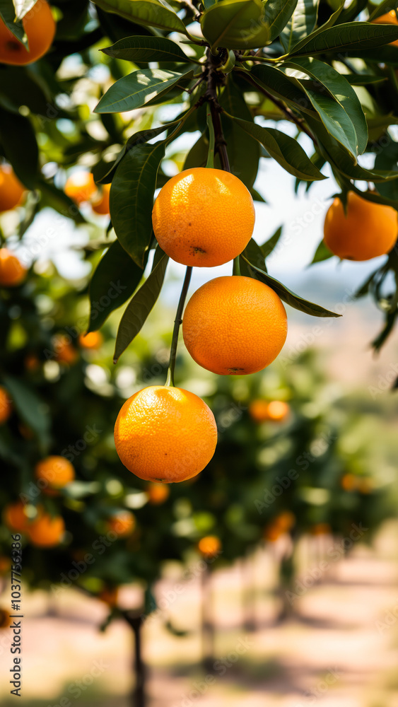 Canvas Prints three ripe oranges hanging from a branch