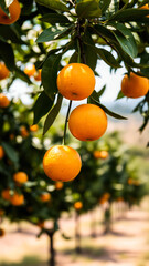 three ripe oranges hanging from a branch