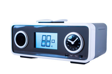 Obraz premium Digital Clock Radio Featuring High-Tech Design and Blue LED Display