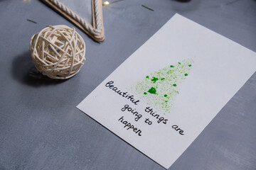 Christmas tree Storytelling of creating craft Christmas greeting card holiday present. Tactile...