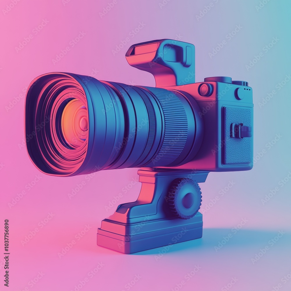 Poster a sleek 3d representation of a video camera, symbolizing media and production, isolated with a soft 