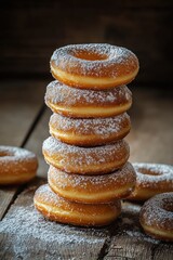 Stack of Golden Brown Donuts Generously Dusted with Powdered Sugar on a Wooden Surface