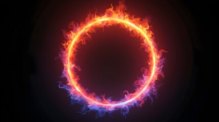 3D circular flame gradient transitions from icy blue to fiery red and pink, forming an eye-catching ring of fire on a dark mysterious background.circular flame, blue to red pink gradient, wallpaper 