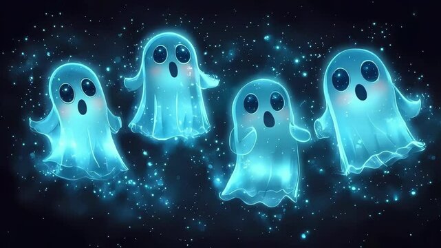 Four playful cartoon ghosts floating in a whimsical, starry background.