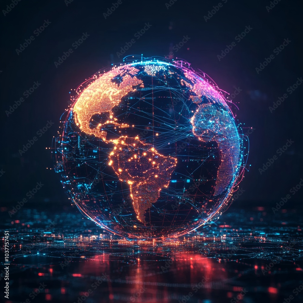 Poster abstract 3d icon of a globe with digital data streams, representing cyberspace and global connectivi